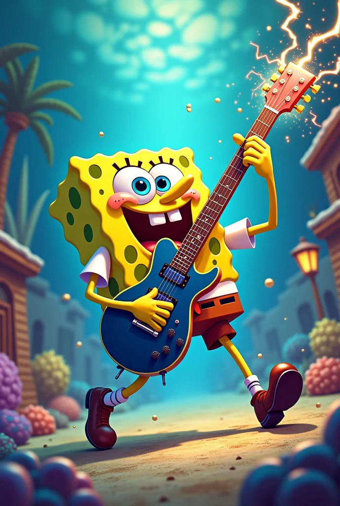 Spongebob with the power of the electric guitar