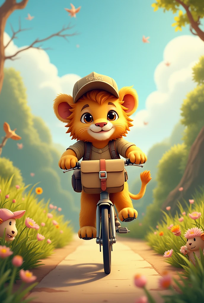  lion delivering parcels on bicycle，