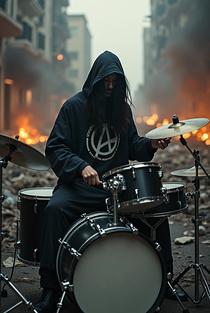 Half fat drummer, long hair covering the face, hooded dress, blouse with anarchy symbol print, playing on his complete black two-tone drum kit, in the street of the war-torn city and in flames at night,  bodies of dead soldiers lying on the ground, smoke