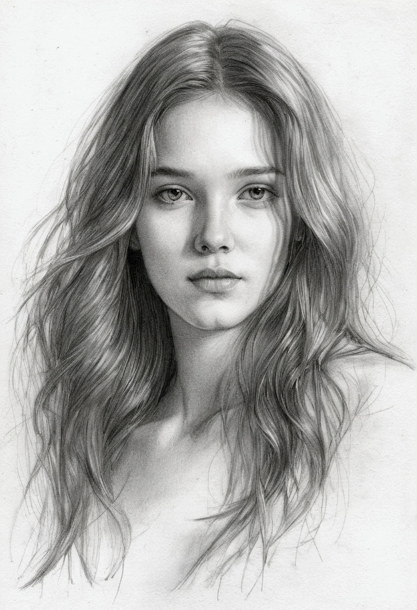 A delicate, graphite sketch portrays, a nude beautiful young Monica Belluccy, without background, her features rendered in subtle shading and precise lines. The half body framing is tight, focusing attention on the subject's serene face. Soft, feathery strokes convey the gentle texture of her hair,
