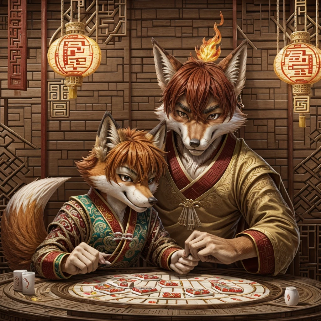 A red-haired fiery fox, playing Mahjong.
A sly expression on his face.
He's winning.
In the style of Chinese folk illustrations .
The fox is a man 