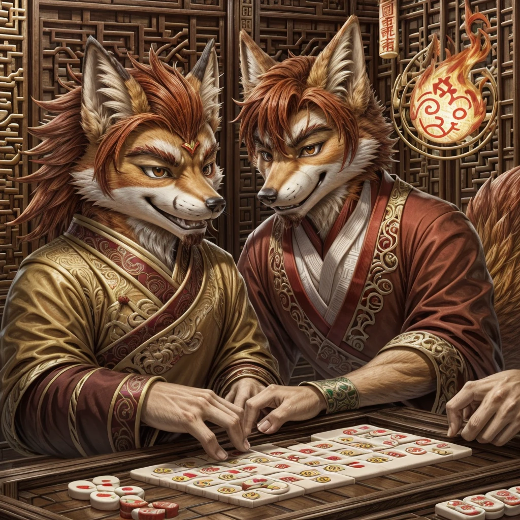 A red-haired fiery fox, playing Mahjong.
A sly expression on his face.
He's winning.
In the style of Chinese folk illustrations .
The fox is a man 