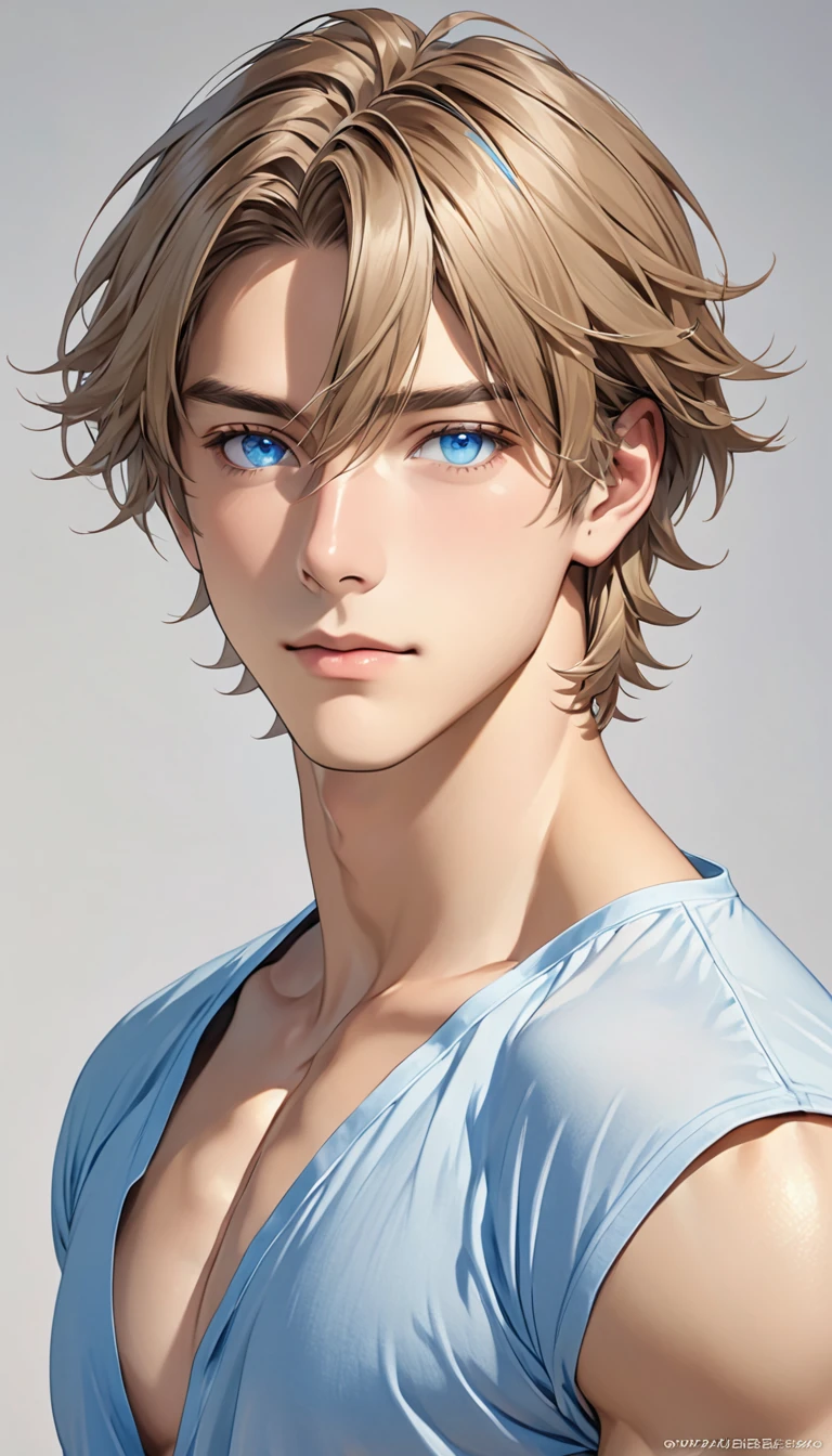 1 male, Light brown hair, Medium length hair, blue eyes, Well-built body, High-resolution details,