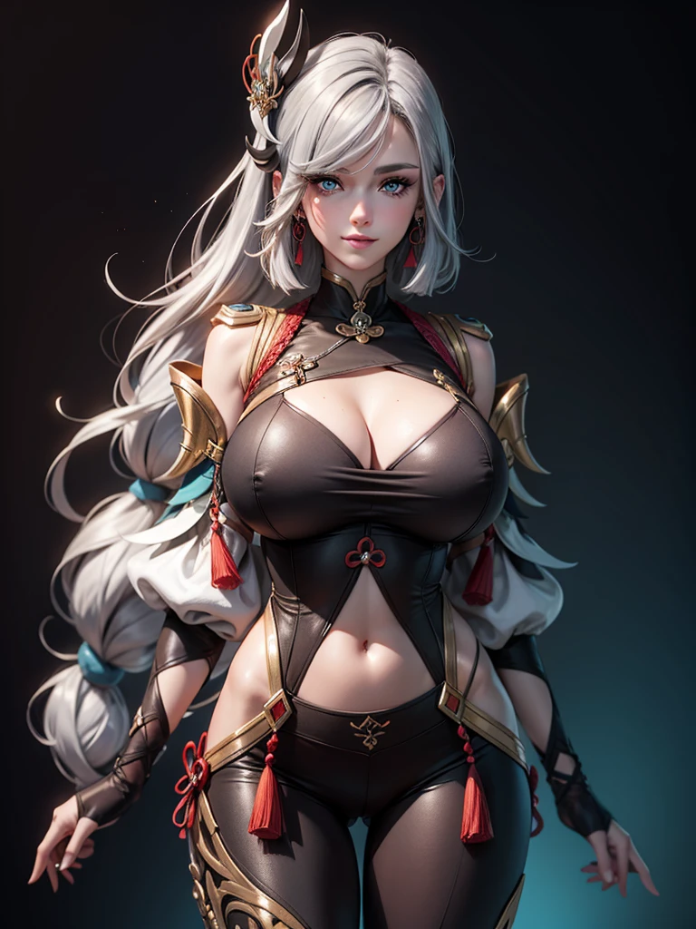 earrings, braided ponytail, puffy sleeves, gold trim, gloves, bodysuit, breast curtain, shoulder cutout, covered navel, hip vent, clothing cutout, tassel, (luxury livingroom background), ShenheV4, anime cels style, best quality, high resolution, 1girl, (huge breasts:1.2), beautiful face, grey hair, long hair, hair ornament, blue eyes, cowboy shot, smiling 32K UHD RGB