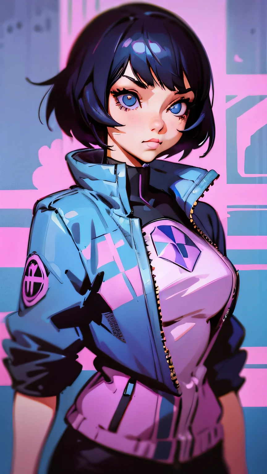 anime girl with black hair and blue eyes in pink jacket, artstyle : ilya kuvshinov, ilya kuvshinov. 4 k, ilya kuvshinov style, in style of ilya kuvshinov, oppai cyberpunk, portrait anime space cadet girl, inspired by Ilya Kuvshinov, digital art ilya kuvshinov