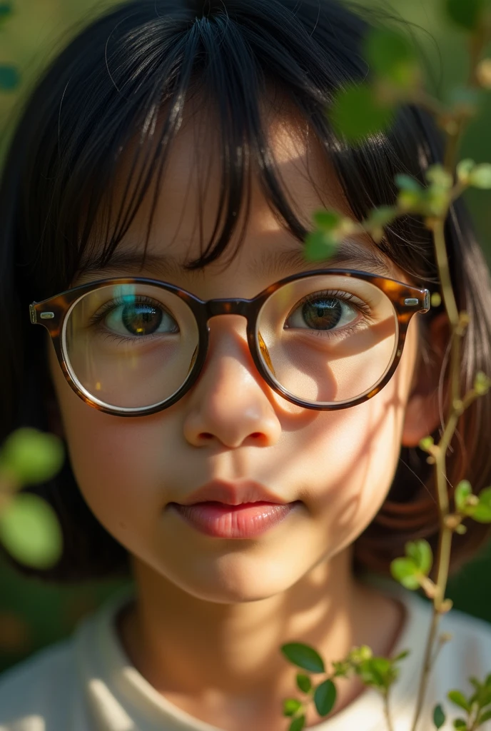 Photograph of a child's face with glasses and reflections in them with medicinal herbs on the sides in an environment with morning light and shadows projected on his face