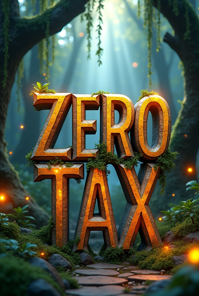Create a 3D stylized announcement image for SOLMON with a forest-themed background. The central focus should be the text 'Zero Tax' designed in a medieval fantasy-themed font. The font should be bold and blocky with subtle curves and intricate details. The letters should appear as if carved from stone, featuring small cracks and moss growing around the edges, enhancing the ancient, mythical feel. The text should be in a rich golden color with a metallic finish, glowing subtly to add emphasis and power. For the background, use a dense, mystical forest with towering trees covered in moss and vines. Add elements like softly glowing fireflies, shafts of sunlight filtering through the canopy, and patches of soft, green grass. Surround the 'New Buy' text with subtle forest elements like hanging vines, scattered leaves, and small, glowing orbs to create a magical, immersive atmosphere. The overall design should convey a sense of majesty and enchantment, making it visually striking and perfect for a fantasy-themed announcement.