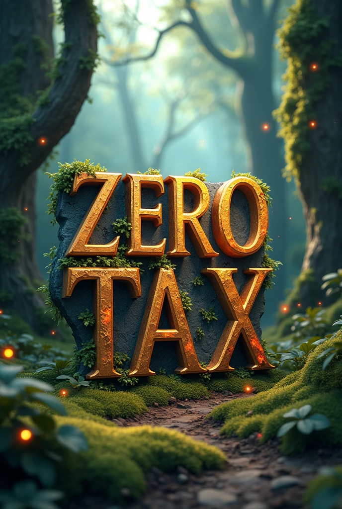 Create a 3D stylized announcement image for SOLMON with a forest-themed background. The central focus should be the text 'Zero Tax' designed in a medieval fantasy-themed font. The font should be bold and blocky with subtle curves and intricate details. The letters should appear as if carved from stone, featuring small cracks and moss growing around the edges, enhancing the ancient, mythical feel. The text should be in a rich golden color with a metallic finish, glowing subtly to add emphasis and power. For the background, use a dense, mystical forest with towering trees covered in moss and vines. Add elements like softly glowing fireflies, shafts of sunlight filtering through the canopy, and patches of soft, green grass. Surround the 'New Buy' text with subtle forest elements like hanging vines, scattered leaves, and small, glowing orbs to create a magical, immersive atmosphere. The overall design should convey a sense of majesty and enchantment, making it visually striking and perfect for a fantasy-themed announcement.