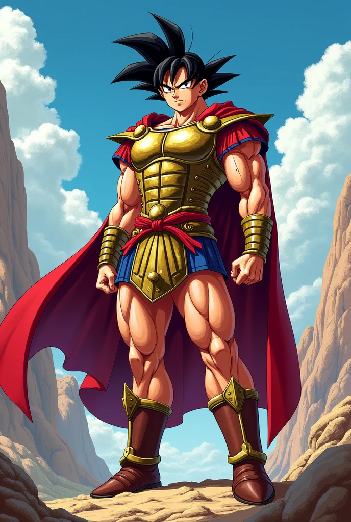 Son Goku, dressed as Spartan in a Dragon Ball cartoon painting style