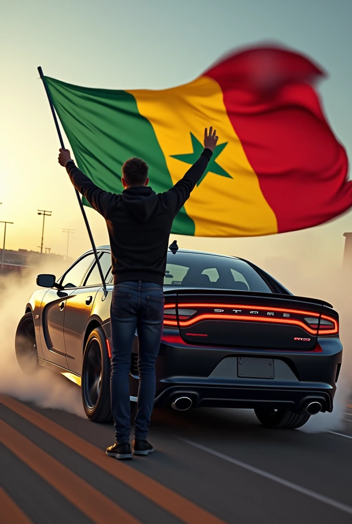 Je veux créer l'image d'un gars qui drift une Dodge charger srt . Le gars en question tient le drapeau du Sénégal .Le gars porte un pull à capuche noir. Il porte le capuchon du pull,son visage n'est pas bien visible et derrière son pull est inscrit le logo SRT.