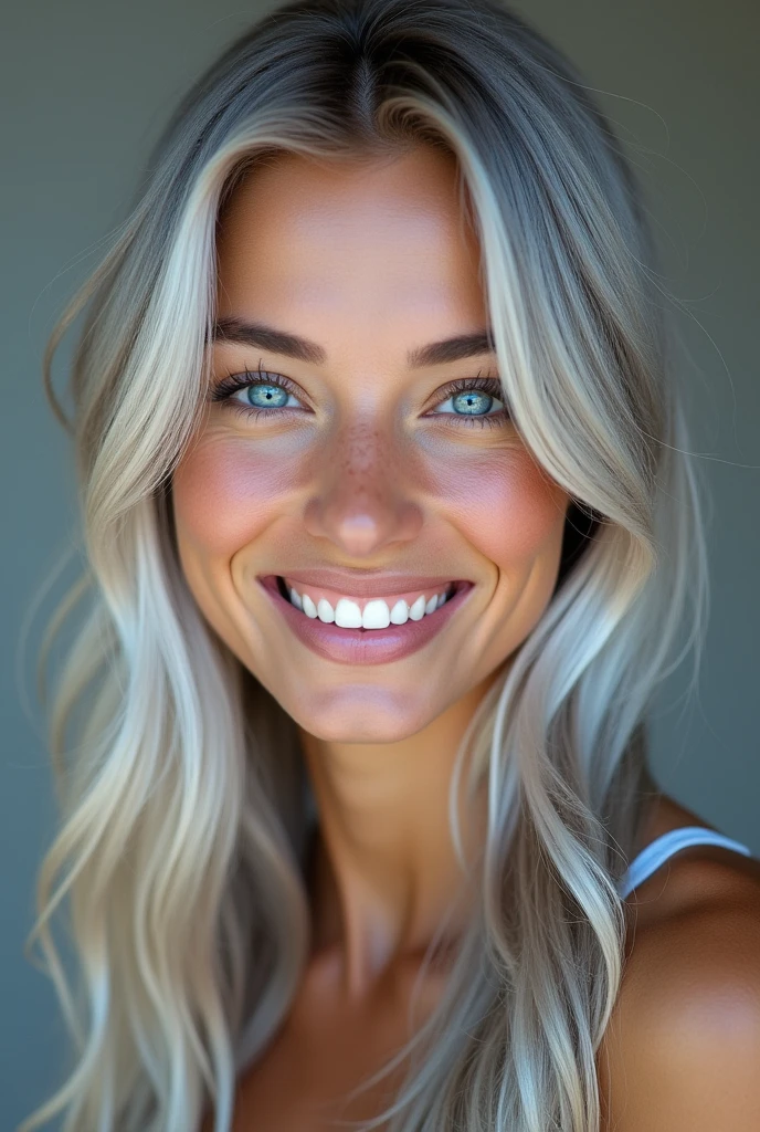 Silver hair, Hair over the shoulder, Long hair, blue eyes, nice smile, Cowboy-shot, 85mm, Canon, uhd, anatomically correct, textured skin, Super Detail, 8k