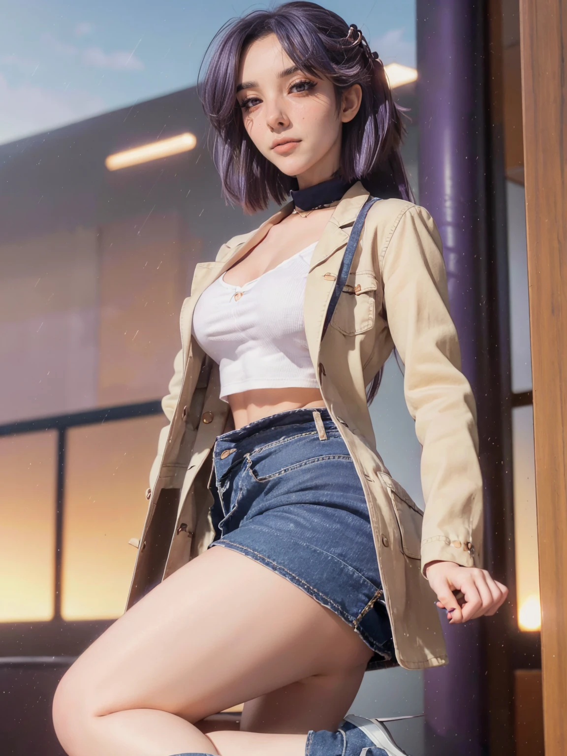 (1 lady), (Top Quality at its finest:1.4), (ultra - detailed), (extremely detailed CG unified 16k), A Beautiful Woman with Perfect Figure: 1.4, Sharp Focus: 1.2, very detailed, High-definition RAW color photo, professional photoshooting, amazing face and eyes, (amazingly beautiful girl), ((masterpiece)), realistic cinematic face, head to feet long wide zoomed out view, full body long view, photorealistic, ((highres)), ((detailed background)), sunset orange sky through window, (ichinose kotomi), gorgeous, extremely beautiful face, perfect model beauty, Highly Detailed Face and Skin Texture, Detailed Eyes, Double Eyelids, ((clothing: blue jean skirt, blazer)), ((realistic natural purple hair style, purple eyes, long hair)), hair ornaments, Bethcast, library background, extremely detailed, blurred background, depth of field, cinematic lighting, amazing legs, high heels, clear and well-cared skin, athletic, big proportions body, looking at viewer, frontal view of the face