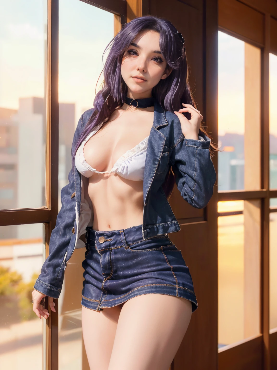 (1 lady), (Top Quality at its finest:1.4), (ultra - detailed), (extremely detailed CG unified 16k), A Beautiful Woman with Perfect Figure: 1.4, Sharp Focus: 1.2, very detailed, High-definition RAW color photo, professional photoshooting, amazing face and eyes, (amazingly beautiful girl), ((masterpiece)), realistic cinematic face, head to feet long wide zoomed out view, full body long view, photorealistic, ((highres)), ((detailed background)), sunset orange sky through window, (ichinose kotomi), gorgeous, extremely beautiful face, perfect model beauty, Highly Detailed Face and Skin Texture, Detailed Eyes, Double Eyelids, ((clothing: blue jean skirt, blazer)), ((realistic natural purple hair style, purple eyes, long hair)), hair ornaments, Bethcast, library background, extremely detailed, blurred background, depth of field, cinematic lighting, amazing legs, high heels, clear and well-cared skin, athletic, big proportions body, looking at viewer, frontal view of the face