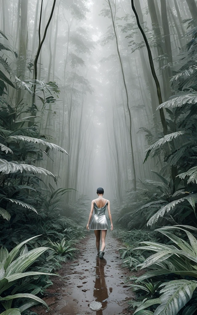 realistic analog crstal17-8000 photo, a female android walking in a magnificent silver-toned Jungle, very detailed, intricate, (ground mist:1.1),  sexy pose