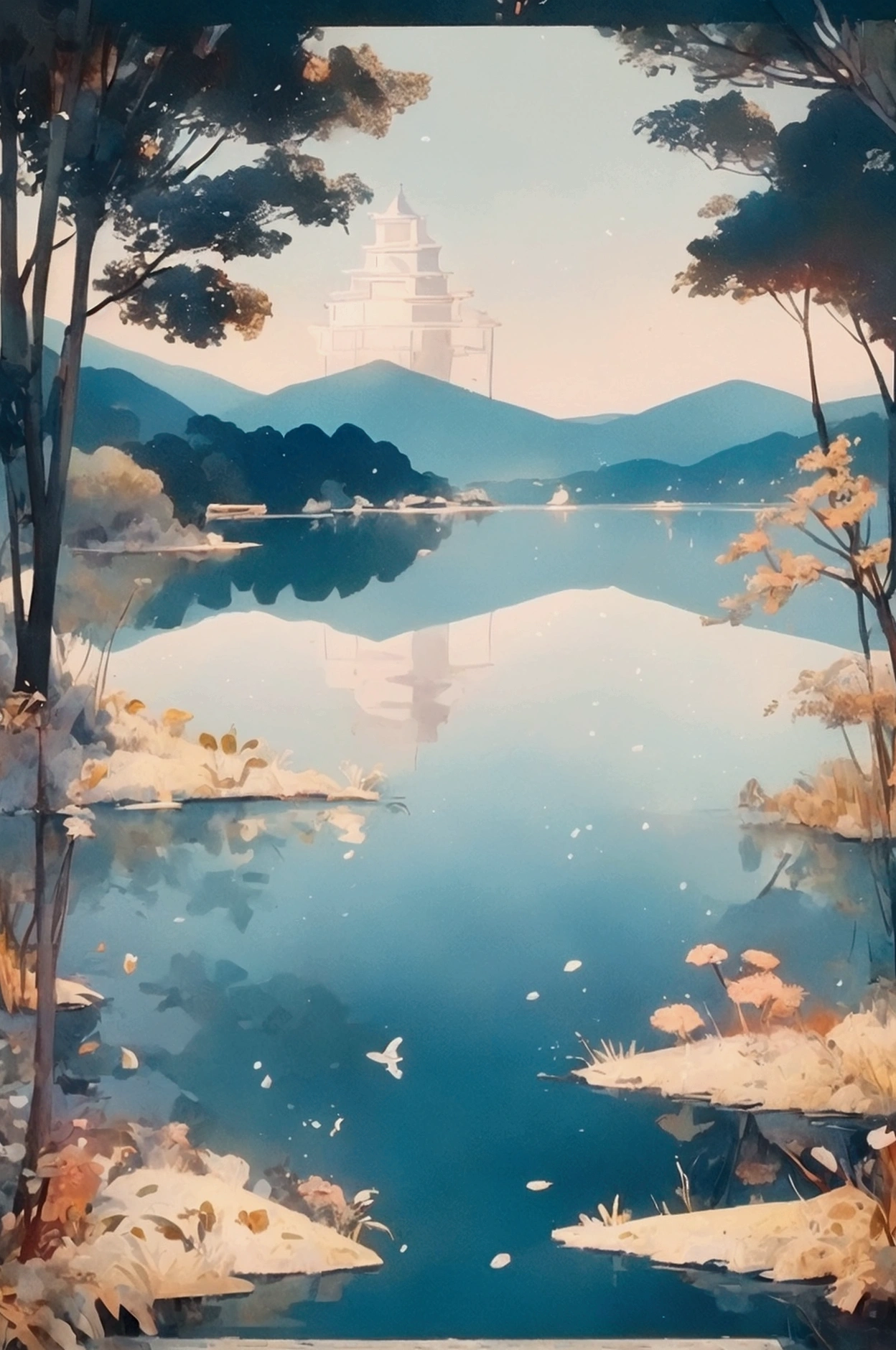 Close shot(close up)fisherman fishing、Beautiful distant mountains+Light boat+Trees and tiled houses+.Soft background.More dreamy and ethereal atmosphere.Cover the screen.More obvious gradation.Bokeh effect.The overall picture is minimalist but rich in layers,Elegance reveals a vague romantic charm。Meticulous photography techniques,Captures Zen and Serenity,Demonstrate high-quality visual experience。