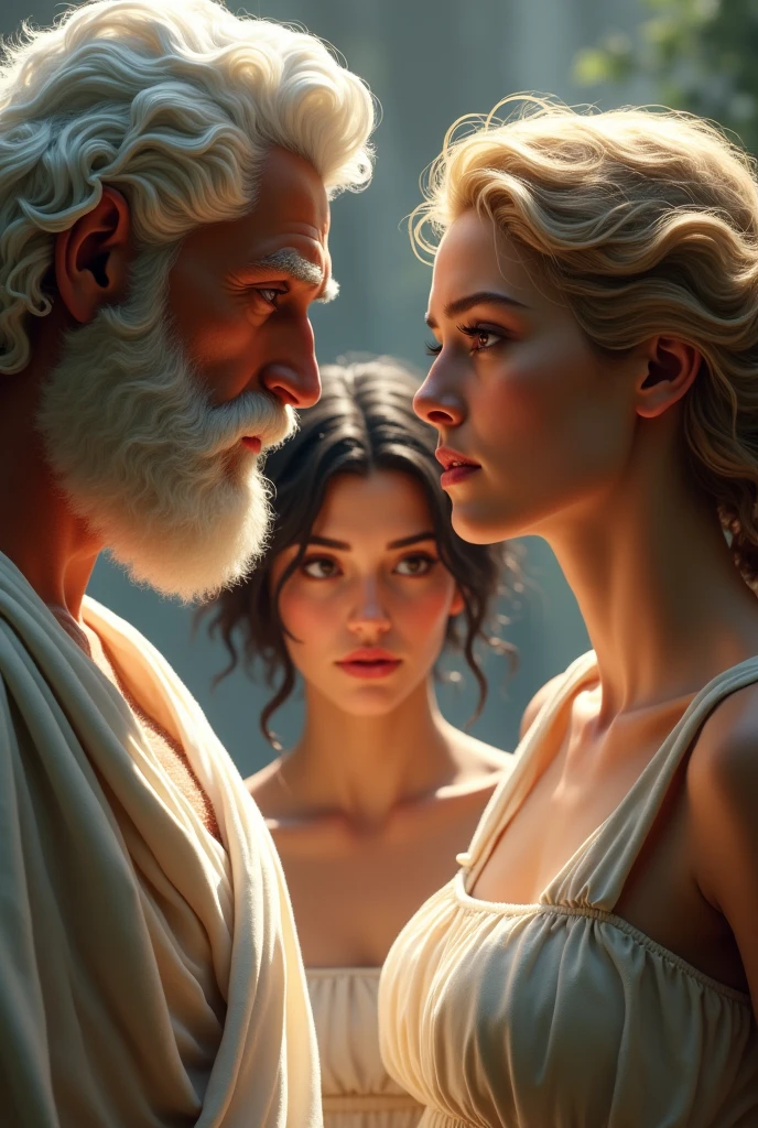 Zeus with white hair with a surprised face is with Aphrodite with loose blonde hair in a white dress talking and behind them two in the middle appears ther woman Sappho of Lesith short dark hair, women have faces of desire.