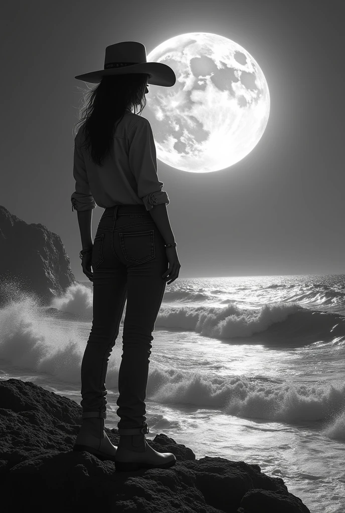Me.You can generate a logo that says Nicole Simone where a very realistic rancherita appears with a hat and jeans looking at the.rough sea,  The brand is called Nicole Simone,  The moon must appear reflecting the sea in black and white,  Woman 1.70 height and medium to thick build, remember that it is a brand, Must say Nicole Simone en grande para promocionar a la artista, Must say "Nicole Simone"
