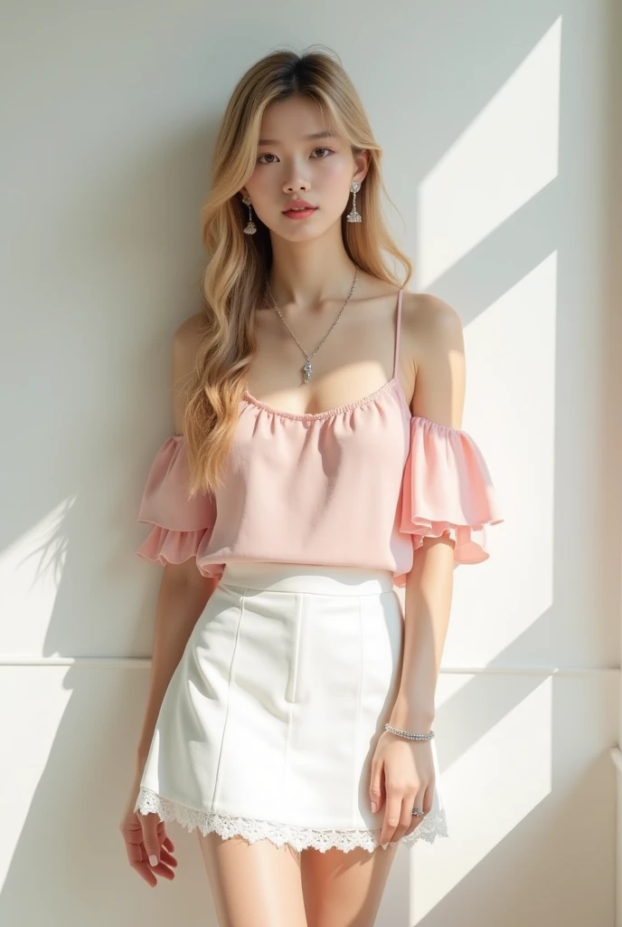 A sophisticated 18-year-old Japanese girl with long, sleek blond hair and natural makeup, wearing a pastel pink off-shoulder blouse with ruffled sleeves and a white A-line mini skirt with lace trim. She accessorizes with a long silver pendant necklace and large, statement silver earrings. She stands confidently against a minimalist white wall, with soft sunlight streaming in from a window, creating a relaxed and chic atmosphere.