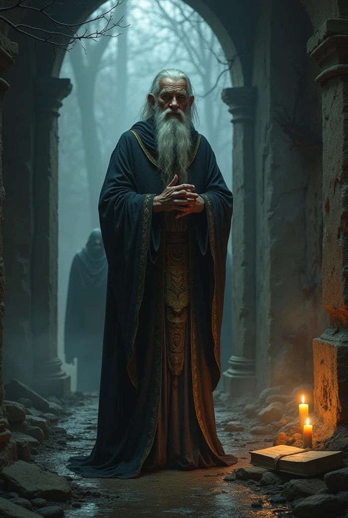 old healer full body in a haunted place