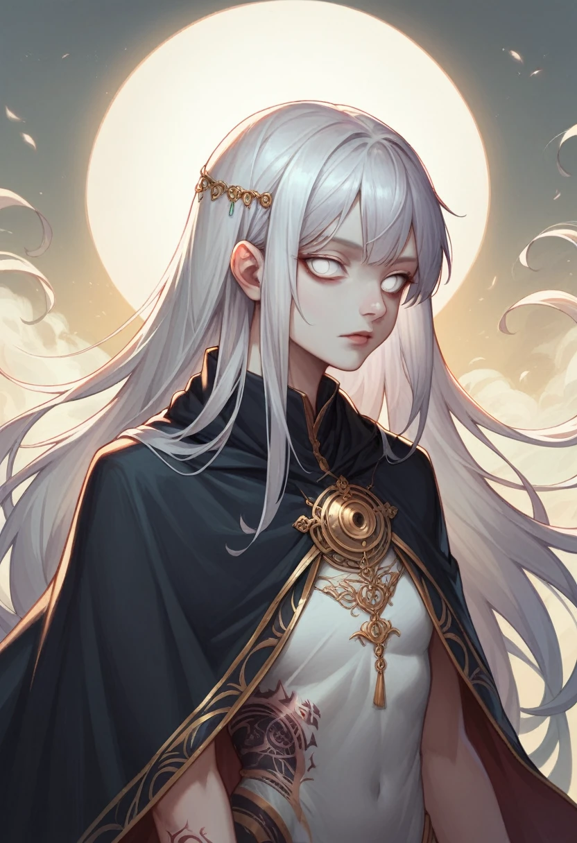 Realistic, High resolution, Soft Light,1 Female, alone, Hip Up, Displaying the viewer, (Detailed face), Long Hair, Silver Hair, Bright Eyes, Kunfeng Hanfeng, Cape, tattoo, jewelry