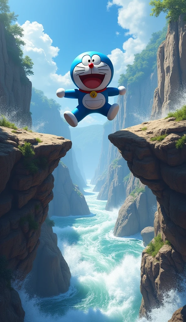 Doraemon is jumping over large slippery rocks to cross a deep canyon.. At his feet is a rushing river., create a sense of danger. On Doraemon's face is a look of intense concentration..