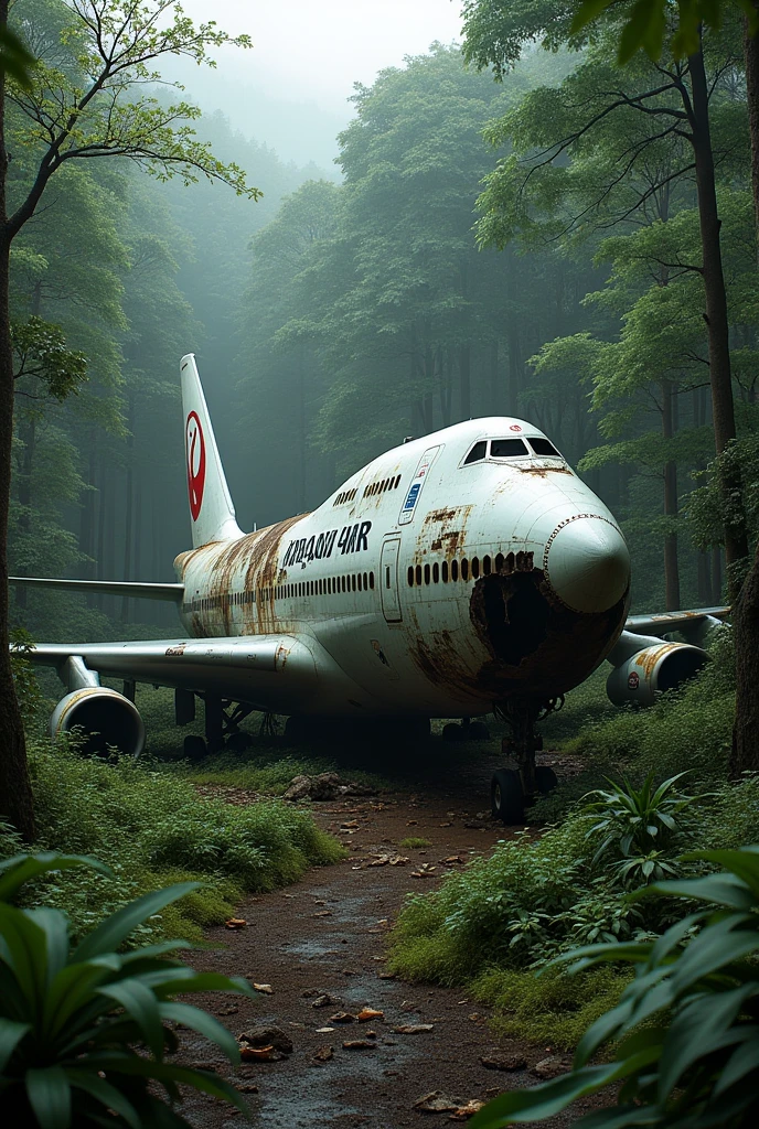 Boeing 747 Passenger Plane Wreckage Livery "Japan Air' stranded in the middle of the forest, The condition of the plane's fuselage was damaged but not too badly and the left wing of the plane was split and the wreckage of the plane was dirty with soil and moss and looked like it had been abandoned for years.