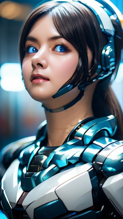 Wide-angle shot, 1 female, Mecha, Sparkling Blue Eyes, Very cute face, (Realistic:1.37), バイオMechaニカル, Spaceship interior bokeh background, Ultra-realistic, Very detailed, Very intricate details, Beautiful woman in focus