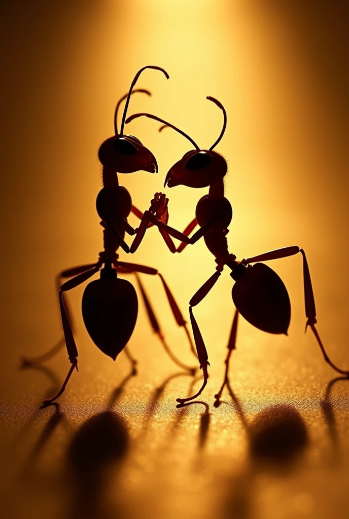 Create a 2d image in drawing style showing two ants dancing tango. The image must be taken against the light, so that the shadows and profiles of the ants stand out very clearly. Ants must be in a dynamic position, Capturing the movement and grace of tango, with its antennae and legs in elegant positions. Make sure the image has a high level of detail, especially in the texture of the ants and the projected shadows. The backlight should be diffuse and soft., creating a dramatic effect that accentuates the silhouette and shape of the moving ants. The overall atmosphere should be evocative and artistic., with a focus on contrast accuracy, In the image include the 6 legs of the ants and their two antennas