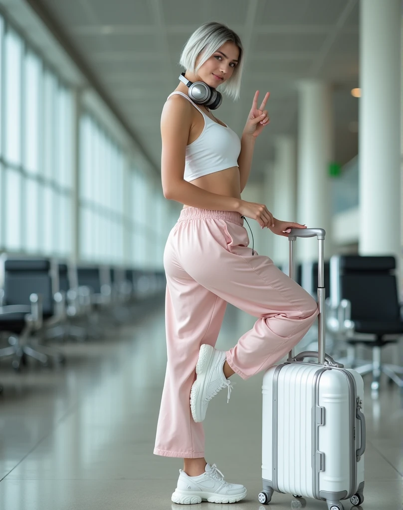 RAW photo, best quality, masterpiece, photorealistic, best lighting, Polish girl, 20 years old, detail face, light gray hair, short cut, Symmetrical eyes, huge breasts, From behind, smiling, pale skin, hair tied back, silver headphones around neck, white crop top, bare midriff, pale pink wide sweatpants, white sneakers, silver handbag hanging from large white suitcase, airport lounge, eyes closed, left hand raised making a peace sign, right leg bent back and standing on left foot, full body, gel nails, accessories