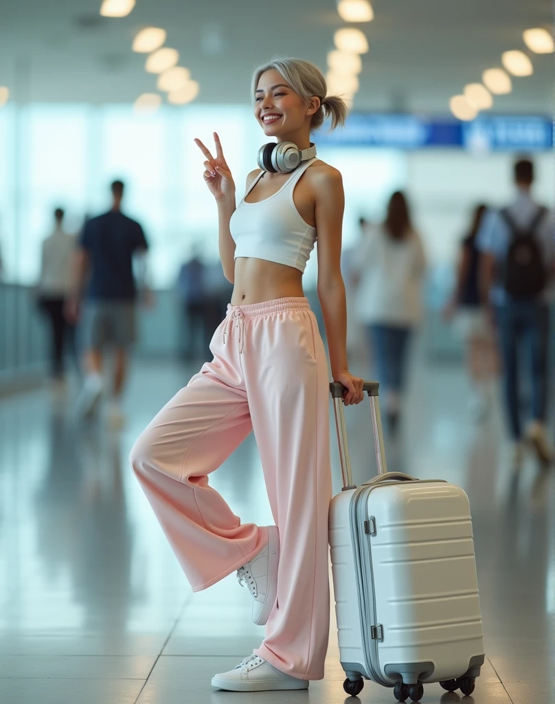 RAW photo, best quality, masterpiece, photorealistic, best lighting, Polish girl, 20 years old, detail face, light gray hair, short cut, Symmetrical eyes, huge breasts, From behind, smiling, pale skin, hair tied back, silver headphones around neck, white crop top, bare midriff, pale pink wide sweatpants, white sneakers, silver handbag hanging from large white suitcase, airport lounge, eyes closed, left hand raised making a peace sign, right leg bent back and standing on left foot, full body, gel nails, accessories