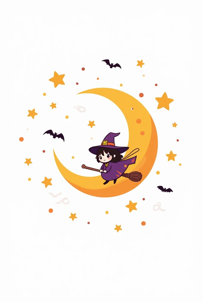 Halloween night sky,A witch flying on a broomstick across the crescent moon on a white background, Kawaii Japanese cute style