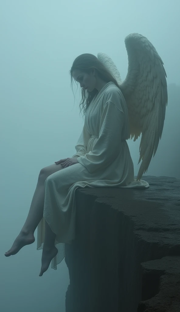 (mysterious fog :1.6), (THICK FOG :1.4), a mystical fallen angel sitting on the edge of a cliff, surrounded by a thick, mysterious fog that hides her from the eyes of others, her huge low-hanging wings partially obscured, yet her full, beautiful body still visible, wearing a short robe, she is a little dirty after a small accident, (best quality,4K,8K,high resolution,artwork :1.2),Ultra-detailed,(realistic,photorealistic,photorealistic :1.37),dramatic lighting,cinematic,fantasy,dark and moody atmosphere,dramatic lighting,volumetric fog,glowing details,intricate feathers,porcelain skin,highly detailed face,chiaroscuro,dramatic shadows and highlights,dark color palette,full body shot,