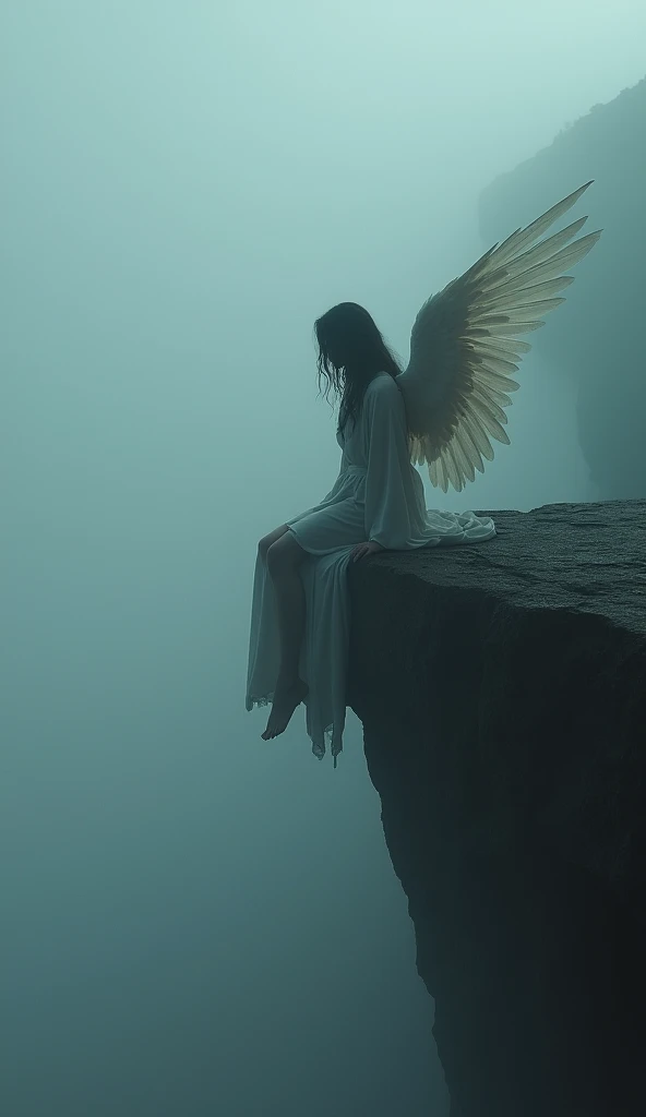 (mysterious fog :1.6), (THICK FOG :1.4), a mystical fallen angel sitting on the edge of a cliff, surrounded by a thick, mysterious fog that hides her from the eyes of others, her huge low-hanging wings partially obscured, yet her full, beautiful body still visible, wearing a short robe, she is a little dirty after a small accident, (best quality,4K,8K,high resolution,artwork :1.2),Ultra-detailed,(realistic,photorealistic,photorealistic :1.37),dramatic lighting,cinematic,fantasy,dark and moody atmosphere,dramatic lighting,volumetric fog,glowing details,intricate feathers,porcelain skin,highly detailed face,chiaroscuro,dramatic shadows and highlights,dark color palette,full body shot,