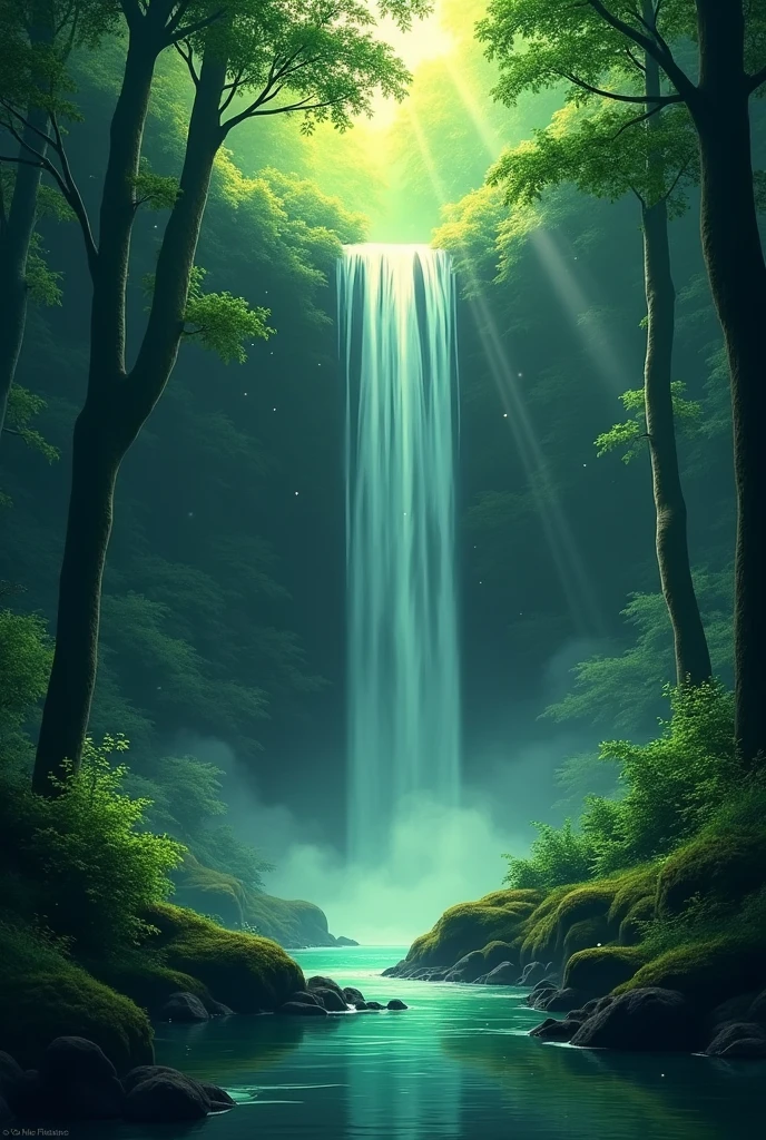 Forest with a slim, but high waterfall, which becomes a mystical stream source. In greenish hue. Without people, at most fireflies. With cheerful, awakening colors. For a mobile wallpaper. Can be with dense trees.