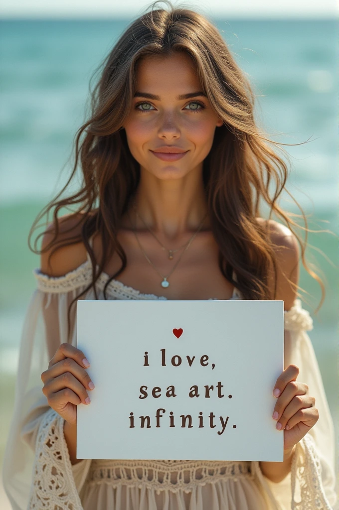 Beautiful girl with wavy long hair, bohemian dress, holding a white board with text "I Love Seaart Infinity" and showing it to the viewer
