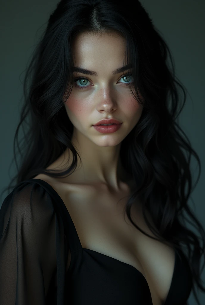 A girl with a heart shaped face, thin nose, thick, slightly red lips and very long, wavy black hair, with a very small waist, and a fitted dress, with a dominant look and big blue eyes with white skin and a dark background 