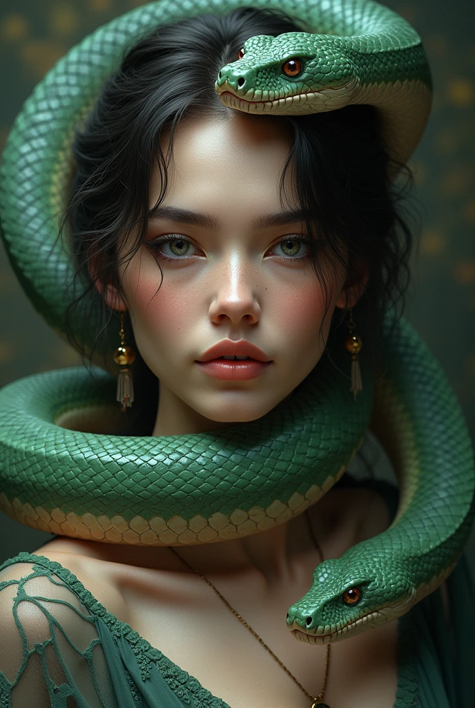 You can make an image of a woman with two snakes around her neck that are coiled around the woman's neck that have their mouths open that are not so big
