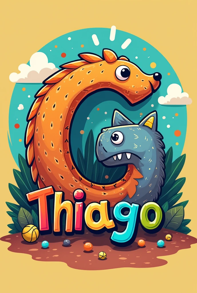 The word Thiago, Each letter must be in the shape of animals, sports, It's for a child's personal brand
