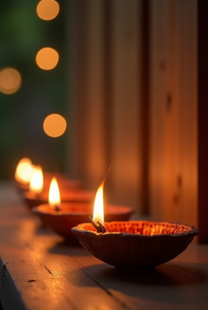 Multiple Diya lamps placed in a row on a wooden surface, their flames flickering softly, with bokeh light effects in the background.Best Quality, Masterpiece, Ultra High Definition,
