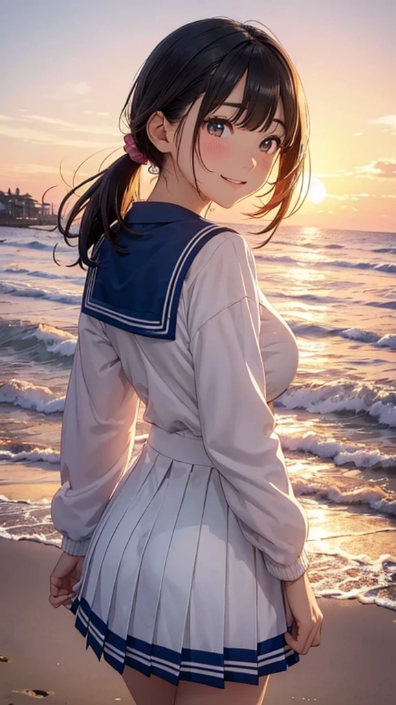 Highest quality、High resolution、Detailed Background、(Beautiful face in every detail:1.5)、Teenage Girl、(Huge breasts:1.2)、Light-colored hair、cute hairstyle、Bobcut、ponytail、well-groomed eyebrows、Perfect body line、Cute gestures、Navy blue sailor suit、White sailor collar、Pleated mini skirt、cute school cardigan、White Stockings、A big smile、smile、

(A coastline dyed in the sunset and five girls looking back from the beach:1.5)、

Spend some time at the beach watching the sunset、Feel the end of summer as you feel the sea breeze and the sound of the waves.、Before the sun sets, the sky takes on a sunset-like appearance.、At first, bright orange and pink gradually painted the sky.々It will turn reddish.、As the sun sets, the colors become more vibrant and the surrounding scenery is beautifully colored.、
Place the main motif in the center、Leave space on both sides、Add color contrast、Bright center and soft sides、Pay attention to the movement of the lines、A deep composition、Leave some headroom、cute