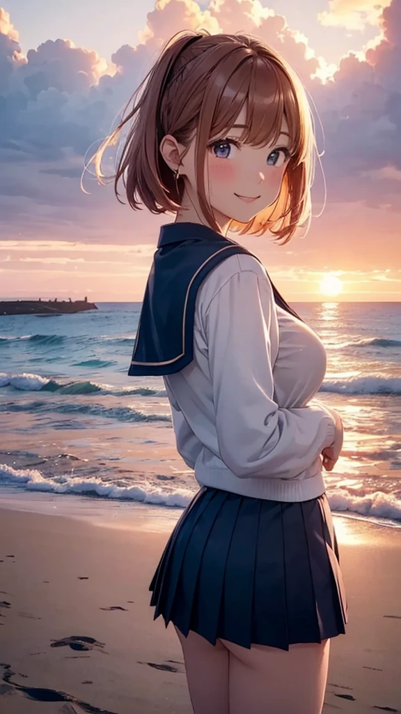 Highest quality、High resolution、Detailed Background、(Beautiful face in every detail:1.5)、age Girl、(Huge breasts:1.2)、Light-colored hair、cute hairstyle、Bobcut、ponytail、well-groomed eyebrows、Perfect body line、Cute gestures、Navy blue sailor suit、White sailor collar、Pleated mini skirt、cute school cardigan、White Stockings、A big smile、smile、
(A coastline dyed in the sunset and five girls looking back from the beach:1.5)、
Spend some time at the beach watching the sunset、Feel the end of summer as you feel the sea breeze and the sound of the waves.、Before the sun sets, the sky takes on a sunset-like appearance.、At first, bright orange and pink gradually painted the sky.々It will turn reddish.、As the sun sets, the colors become more vibrant and the surrounding scenery is beautifully colored.、
Place the main motif in the center、Leave space on both sides、Add color contrast、Bright center and soft sides、Pay attention to the movement of the lines、A deep composition、Leave some headroom、cute
