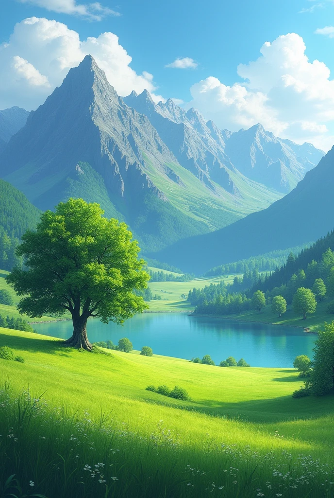 a green field with grass and only one shady tree next to a lake and in the background mountains with forests