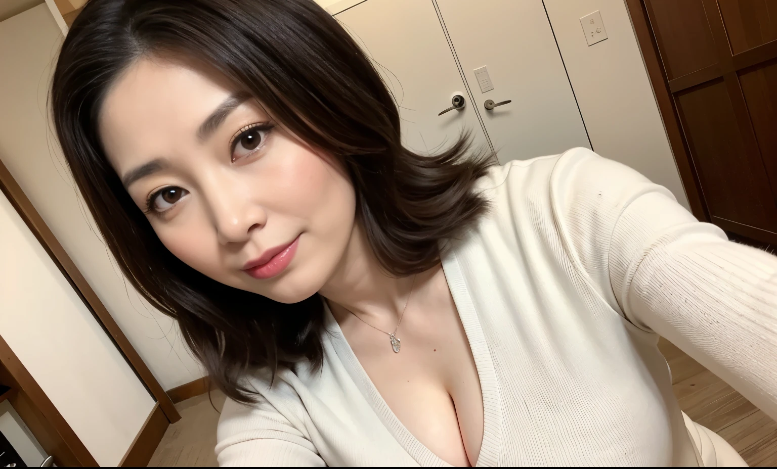 Selfie style,high resolution,Beautiful Face,Detailed face, Detailed eyes, (Japanese female 1 person), (50 years old:1.5), (Mature Woman:1.5), Beautiful Face, Enchanting, (Heavy makeup), valley, (Large Breasts), Eriko Miura