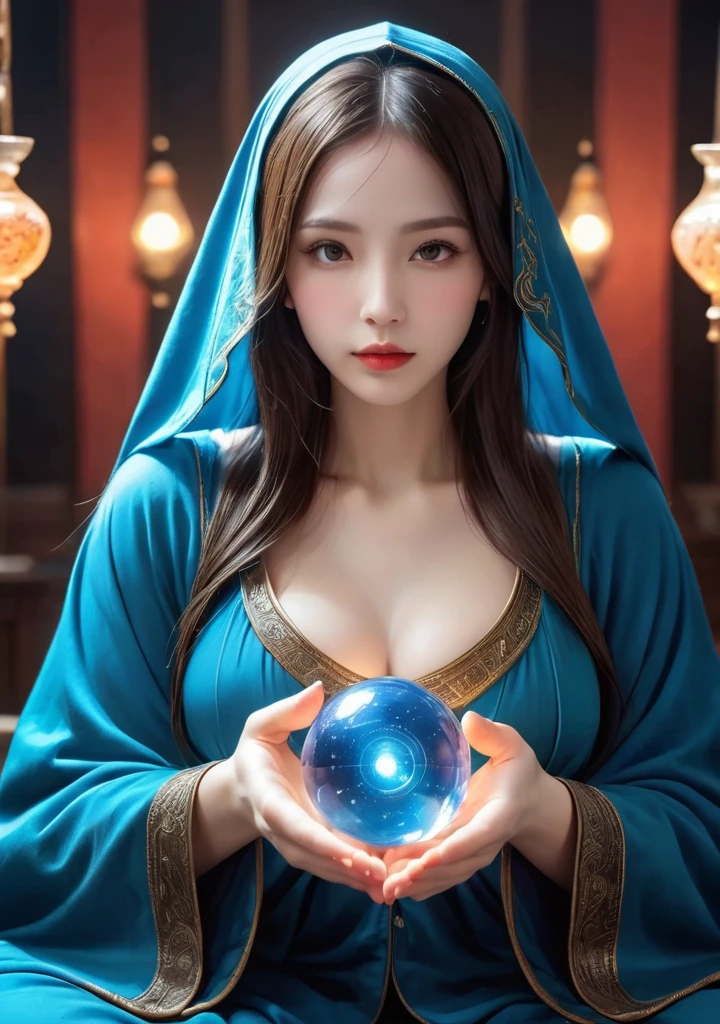 Overall body orientation: frontal. Female fortune teller. Charming, beautiful and mysterious. She wears a blue cloak over her head and has a clear face. The background is bright and glittering. The atmosphere is full of anxiety and anticipation. The fortuneteller is standing. He holds a crystal ball in each hand. The lighting in the room is bright, creating a fantastic atmosphere. Top image quality, 4K or 8K resolution. The level of detail is very fine and photorealistic. Artistic style should reflect the aesthetic of the formula with bright colors and strong contrasts. The color palette should emphasize the mysterious and mystical theme of the piece. The fortune teller's cloak is decorated with metal trim and intricate designs, with a thickness ratio of 1.5 The overall mood is stellar and fantastical. The fortune teller's expression should evoke mystical interest. There is no one there but the fortune teller.
