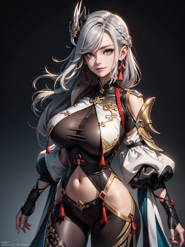 masterpiece,  best quality,  1 Girl,Shenhe \( genshin\),  Gray Hair , long hair,Hair accessories,  blue eyes,Braided Ponytail,Puff sleeves,Gold trim,Gloves, bodysuit,Big breasts, Chest Curtain , 肩部挖空, Covered Navel , hip ventilation ,Clothing Cutting, tassel, grey background,