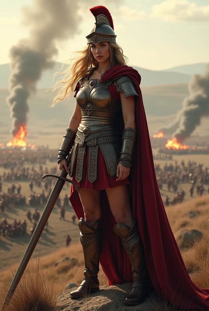 a woman with blonde hair dressed like a roman soldier holding a sword and her helmet,standing on a hill in the battle field