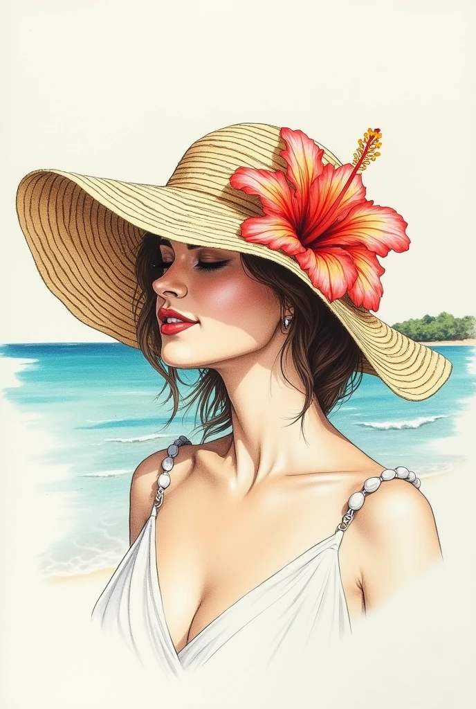 A sketch of a Beach Hat with a flower on the Hat