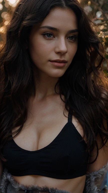 Gorgeous woman with long wavy black hair and a black sportsbra with a sun shining through her blue eyes, collarbone visible,perfectly lit face, blue eyes, profile photo, detailed unblurred face, slightly smiling