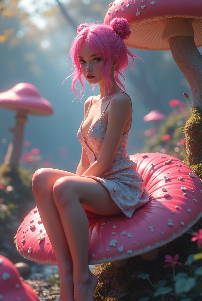 a beautiful 18 year old girl,1girl,psychedelic anime style,colorful,trippy,sitting on a giant mushroom,elegant,chic,modern,fashionable,pink hair in a bun,bare shoulders,muted colors,soft lighting,art nouveau,(best quality,4k,8k,highres,masterpiece:1.2),ultra-detailed,(realistic,photorealistic,photo-realistic:1.37),HDR,UHD,studio lighting,ultra-fine painting,sharp focus,physically-based rendering,extreme detail description,professional,vivid colors,bokeh