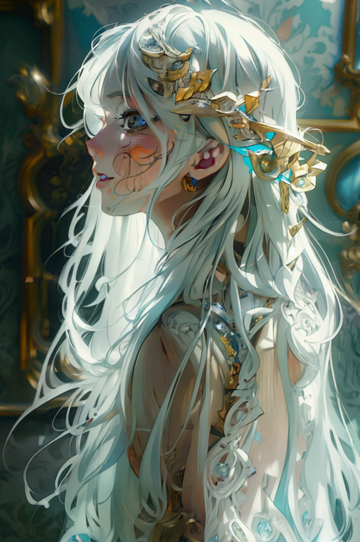 Young girl with long white hair and beautifully detailed eyes. Beautifully detailed lips Very detailed eyes and face, long eyelashes, standing smile, clear figure (best quality, 4k, 8k, high resolution, masterpiece: 1.2), very detailed, (realistic, photorealistic, lifelike of photos: 1.37), portraits, fantasy, bright colors, dramatic lighting